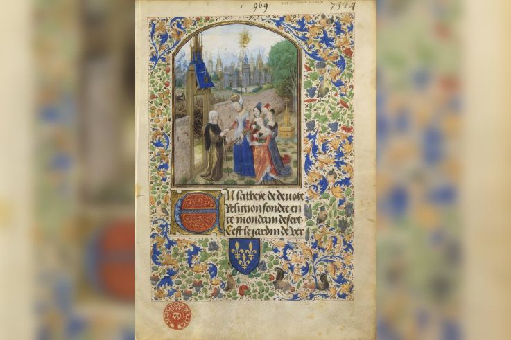 Miniatures Flamandes, exposition BNF Pierre d’Ailly, Jardin de vertueuse consolation : la sainte Âme reçue par Obédience et les quatre vertus cardinales. Enlumineur : Maître de Marguerite d’York, vers 1470-1480. BnF, dpt des Manuscrits