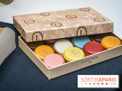 La bûche coffrets de Noël en trompe l'œil de Ladurée 2024 par Julien Alvarez et les créations de fête - macarons