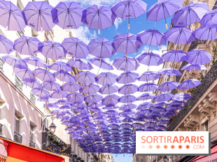 La rue Montorgueil transformée en Gotham pour célébrer la série The Penguin sur Max avec des parapluies violet
