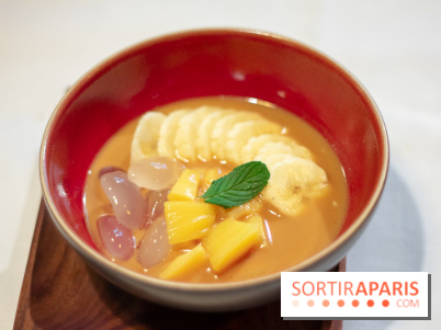 Djakarta-Bali : coupe kolak (banane, fruit de jaquier, fruit de palmier dans du lait de coco et sucre de palme)