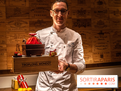 La Bûche de Noël d'Adrien Salavert aux Belles Perdrix de Troplong Mondot 2022 - hotte de vendanges du Père Noël