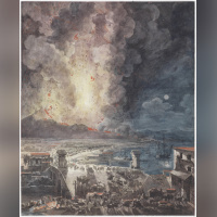 iinstitut suedois expo permanente - Louis Jean Desprez (1743 1804), La grande éruption du Vésuve le 8 août 1779. Encre et aquarelle. Photo Viktor Fordell