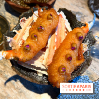 Restaurant Alan Geaam - La Langoustine Royale Cuite au BBQ et mariné aux épices taouk, kumquat, aïoli et tagète