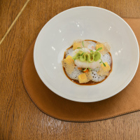 Le Sergent Recruteur - Cabillaud étuve à l'huile d'avocat et à la coriandre, jus de crevette grise épicé, mangue verte et lait de coco