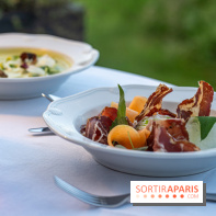 La terrasse dans un jardin avec vue Tour Eiffel du Marguerite 1606 au Domaine de la Reine Margot -  A7C1365