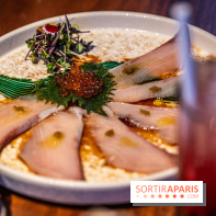 Pink Koï Paris - restaurant japonais -  Hamashi yuzu Kosjo, carpaccio de yallow tails à l'huile de truffe noire et yuzu épicé