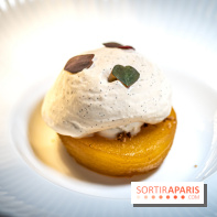 Monsieur Claude, le restaurant par Danny Khezzar à Rueil dans le 92 - LA POMME AU FOUR Pomme rôtie au four, praliné pistache, crumble, glace verveine, siphon vanille brûlée, Oxalis