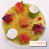 Le Laurent - Fraîcheur de tomates perlées à l'huile de basilic, pastèque au yuzu, meringue citronnée