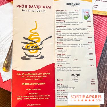 Pho Bida, le restaurant vietnamien  - carte-menu
