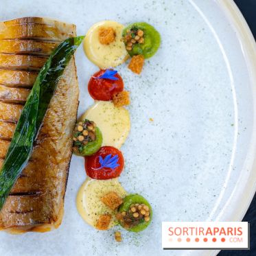 Restaurant Papylles à Bois-le-Roi - les photos - Le maquereau à la flamme, moutarde fumée, piquillos et ail des ours
