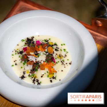 Restaurant Papylles à Bois-le-Roi - les photos - La pomme de terre nouvelles de Julien Favry Velouté Vichyssoise, œufs de truite fumée, olives noires