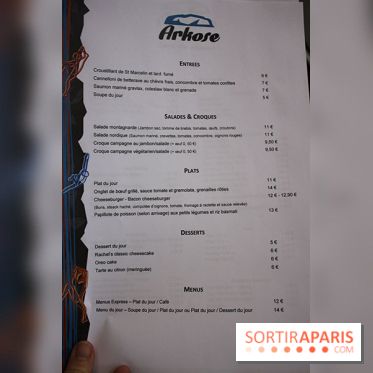 Arkose, la carte du menu