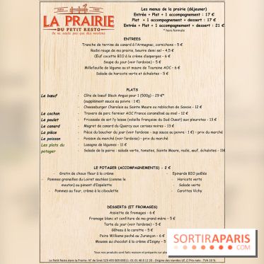 La Prairie du petit resto : la carte