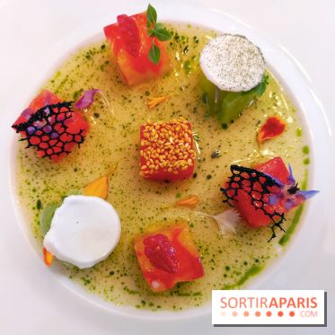 Le Laurent - Fraîcheur de tomates perlées à l'huile de basilic, pastèque au yuzu, meringue citronnée