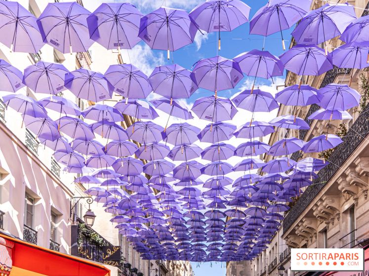 La rue Montorgueil transformée en Gotham pour célébrer la série The Penguin sur Max avec des parapluies violet