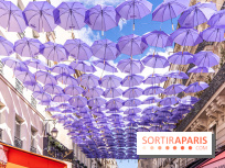 La rue Montorgueil transformée en Gotham pour célébrer la série The Penguin sur Max avec des parapluies violet