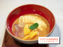 Djakarta-Bali : coupe kolak (banane, fruit de jaquier, fruit de palmier dans du lait de coco et sucre de palme)