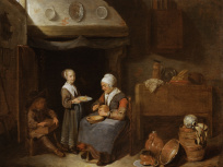 Quiringh Brekelenkam (après 1622 – après 1669), Vieille femme tranchant du pain et deux enfants, vers 1650-1660