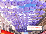 La rue Montorgueil transformée en Gotham pour célébrer la série The Penguin sur Max avec des parapluies violet