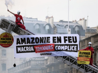 Paris : Greenpeace dénonce "l'hypocrisie" de Macron contre la déforestation devant l'Élysée