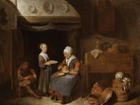 Quiringh Brekelenkam (après 1622 – après 1669), Vieille femme tranchant du pain et deux enfants, vers 1650-1660