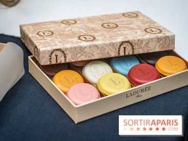 La bûche coffrets de Noël en trompe l'œil de Ladurée 2024 par Julien Alvarez et les créations de fête - macarons