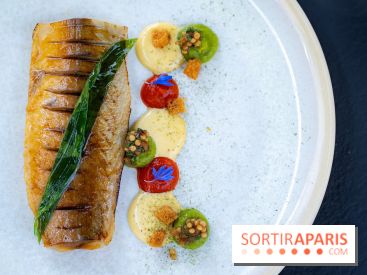 Restaurant Papylles à Bois-le-Roi - les photos - Le maquereau à la flamme, moutarde fumée, piquillos et ail des ours