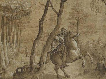 Barend Van Orley, cavalier sur un cheval qui se cabre, dans une région boisée