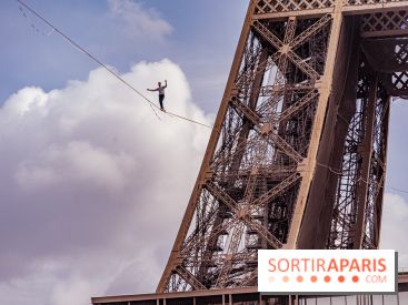 Le Funambule Nathan Paulin traverse le Trocadéro de la Tour Eiffel au Théâtre Chaillot