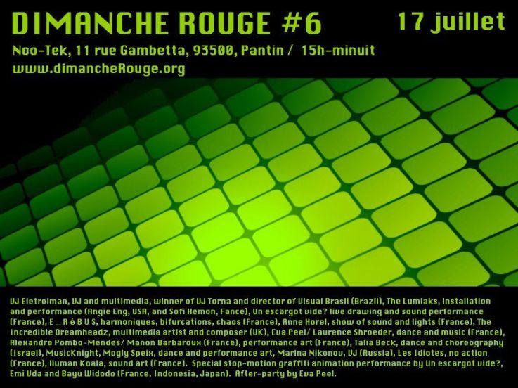 Noo-Tek, Dimanche Rouge, Art, Performances expérimentales, Danse, Musique, Stop-motion graffiti