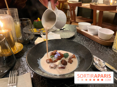 Ma Dame, le restaurant de l'hôtel Marignan Champs-Elysées - Bouillon châtaignes guanciale ricotta