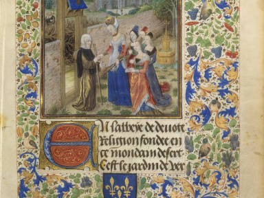 Miniatures Flamandes, exposition BNF Pierre d’Ailly, Jardin de vertueuse consolation : la sainte Âme reçue par Obédience et les quatre vertus cardinales. Enlumineur : Maître de Marguerite d’York, vers 1470-1480. BnF, dpt des Manuscrits