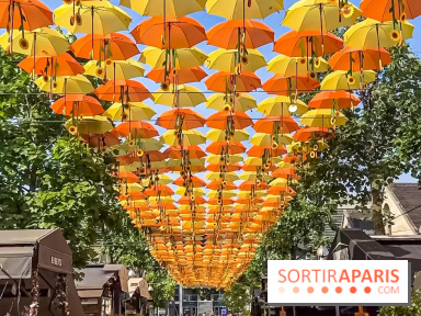 Un ciel de parapluies et tournesols à Bercy Village, l'installation magique de Patrícia Cunha