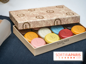 La bûche coffrets de Noël en trompe l'œil de Ladurée 2024 par Julien Alvarez et les créations de fête - macarons