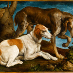 Jacopo da ponte, dit Jacopo Bassano, Deux chiens de chasse attachés à une souche, 1548 Huile sur toile © Service presse Réunion des musées nationaux — Grand Palais / Stéphane Maréchalle