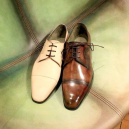 Souliers de la collection JMLEGAZEL, avant/après patine Dead Leaf