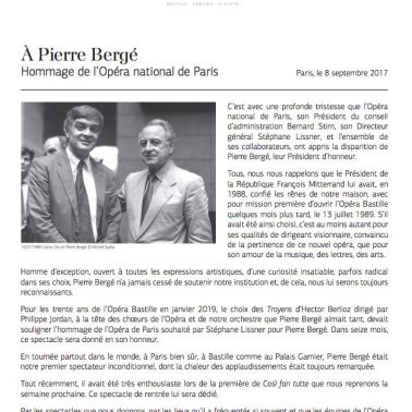 Décès de Pierre Bergé, l'Opéa de Paris lui rend hommage