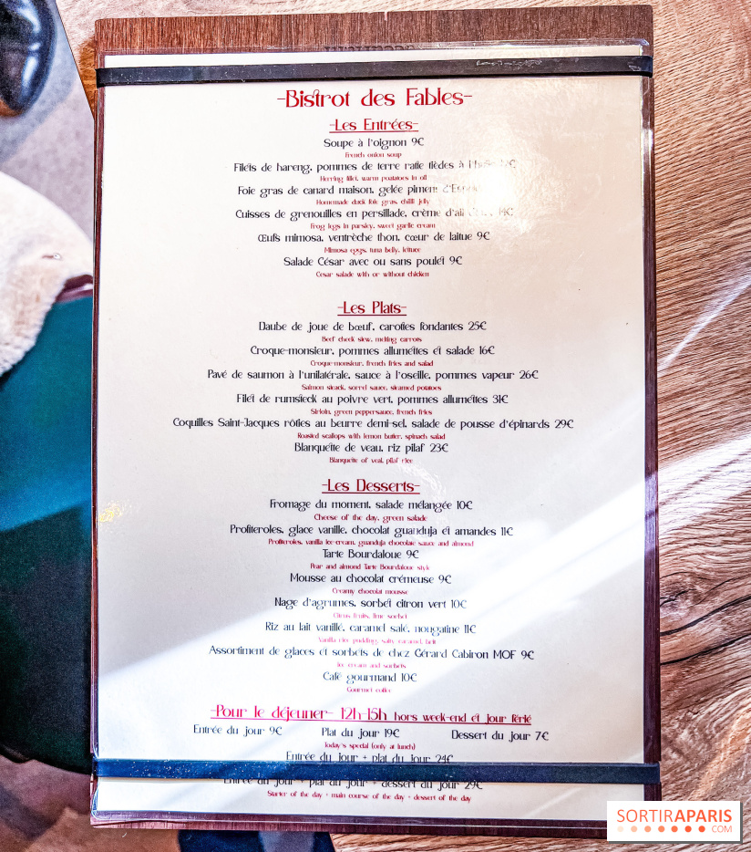 Le Bistrot des Fables - carte - menu