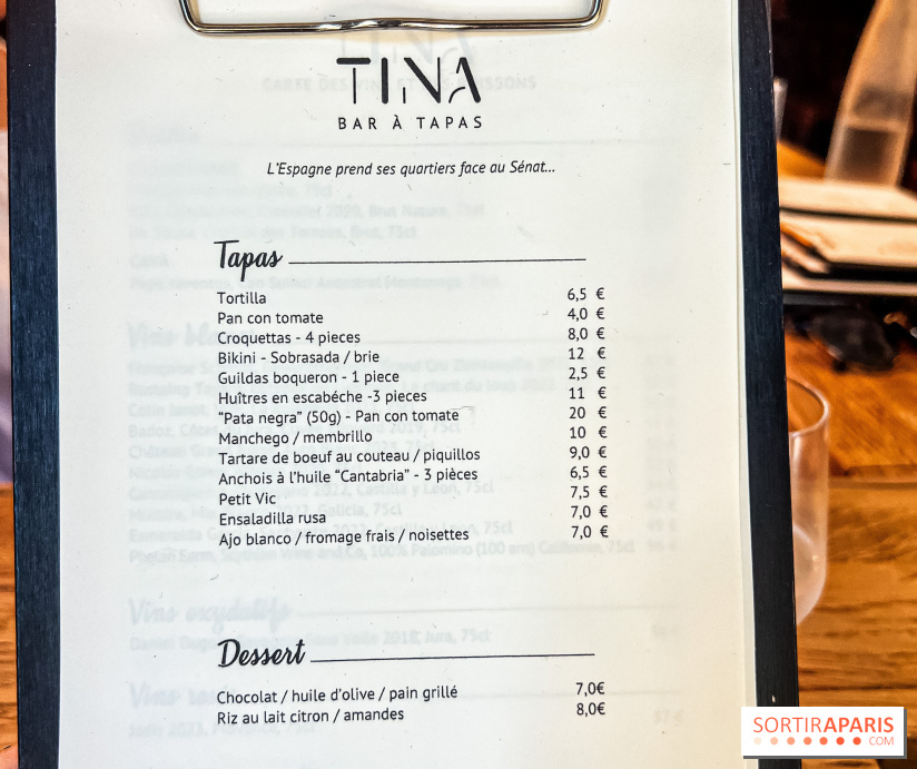 Tina restaurant - bar à Tapas Paris 6  - carte - menu