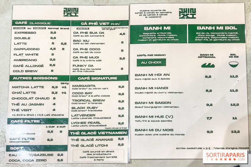 Phin Mi, le coffee shop vietnamien et banh mi Paris 5e - carte - menu 
