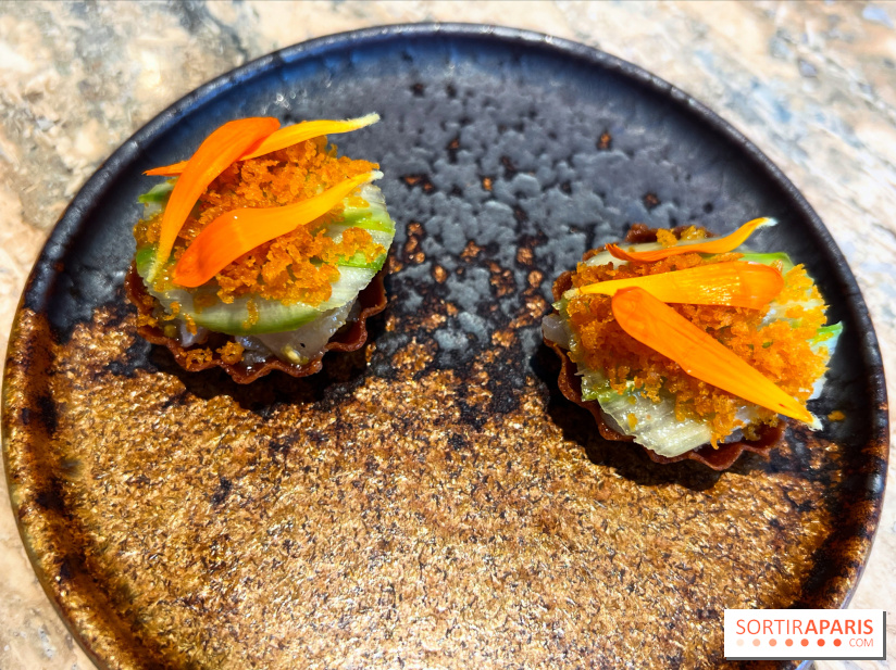 Restaurant Alan Geaam - Tartelette tartare de bar, carpaccio d’asperges vertes, poutargue