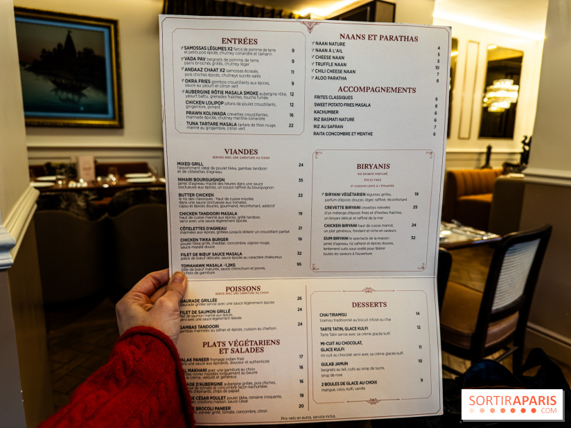 Andaaz restaurant indien Paris 17e - menu