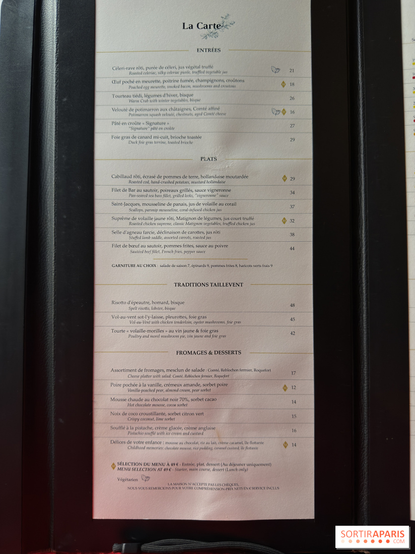 Les 110 de Taillevent, le restaurant français traditionnel en accords mets et vins - carte - menu