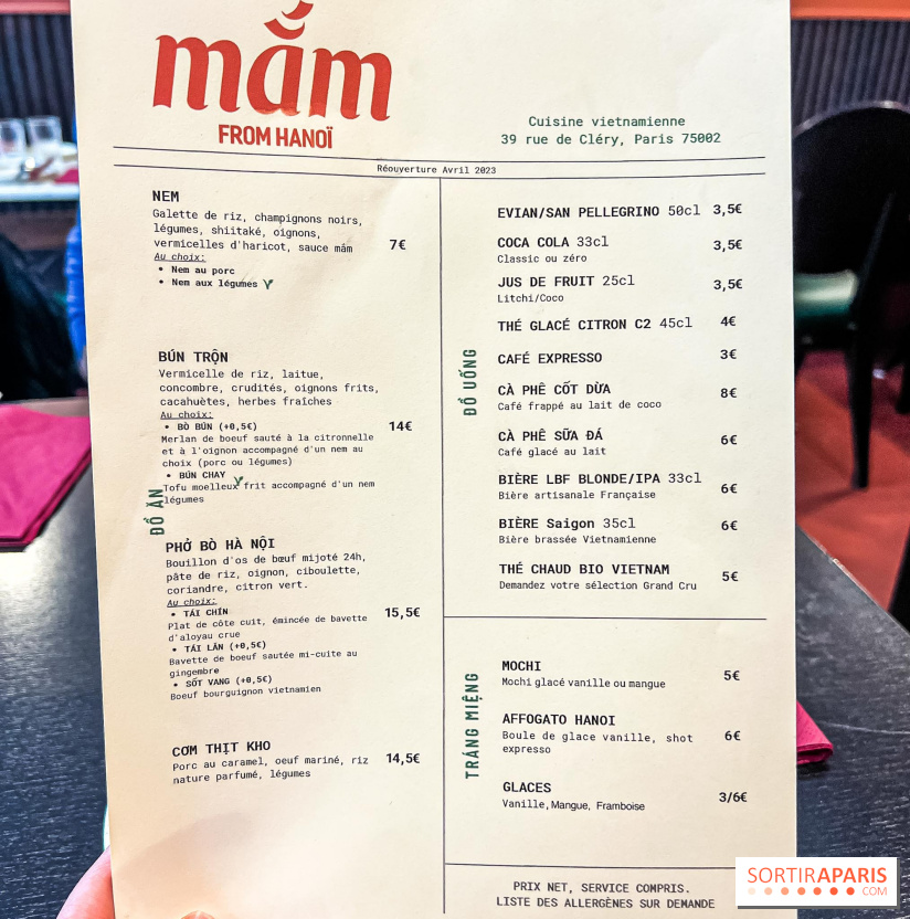 Mắm From Hanoï, le restaurant vietnamien au bon pho - menu