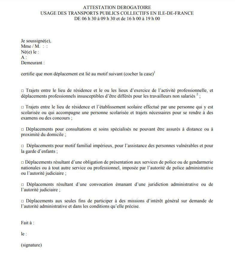 Attestation employeur dans les transports d'Ile-de-France à télécharger ou en ligne
