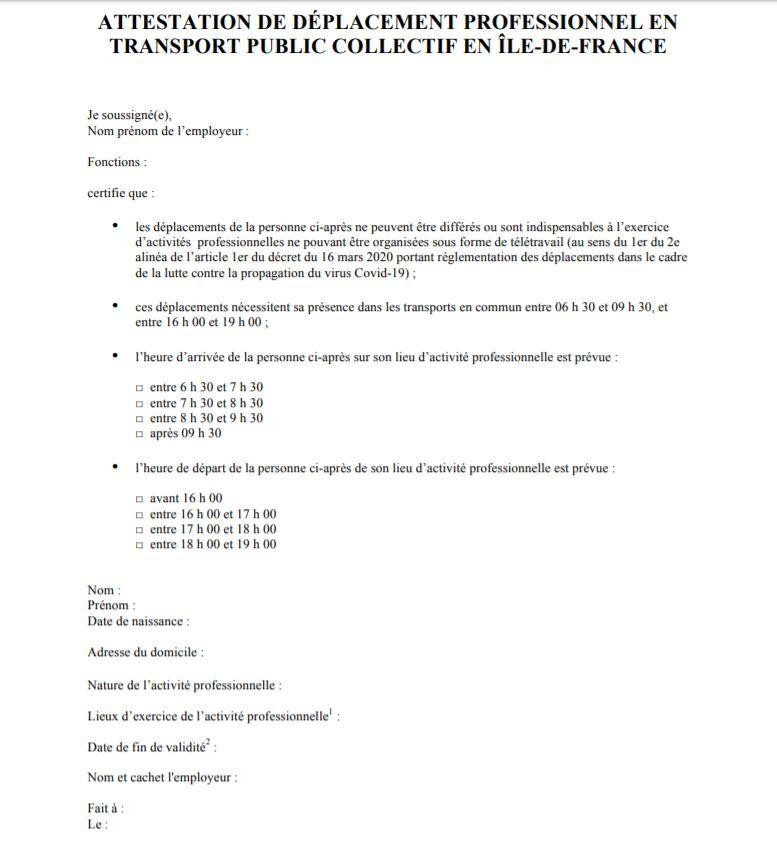 Attestation employeur dans les transports d'Ile-de-France à télécharger ou en ligne