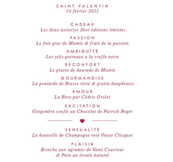 Menu de la Saint-Valentin 2021 de Mamie by Jean Imbert x Dior en livraison et à emporter