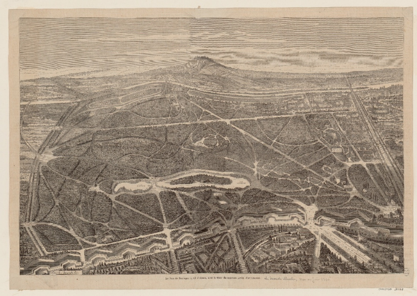 Le Bois de Boulogne à vol d'oiseau, avec le tracé du nouveau jardin d'acclimatation, Anonyme