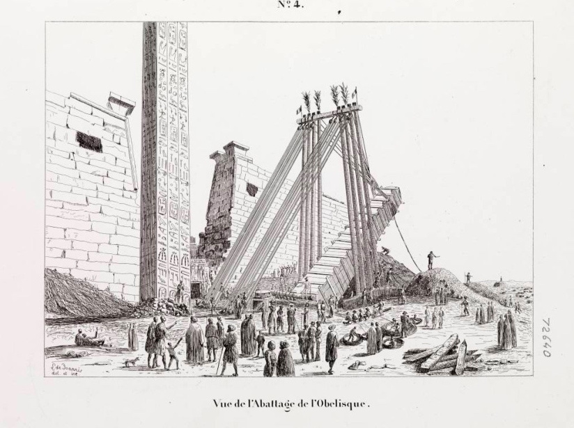 Vue de l'abattage de l'obélisque, dans Campagne du Luxor, Leon de Joannis, Musée national de la Marine