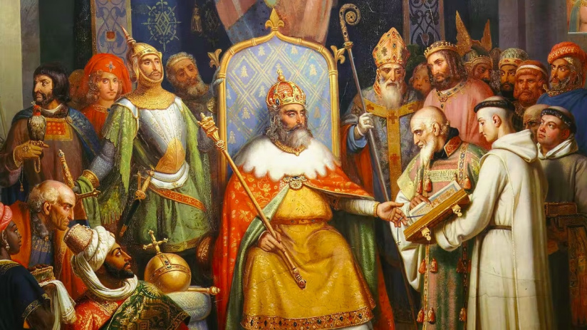 Charlemagne reçoit Alcuin, en 781, par Jules Laure (1837)